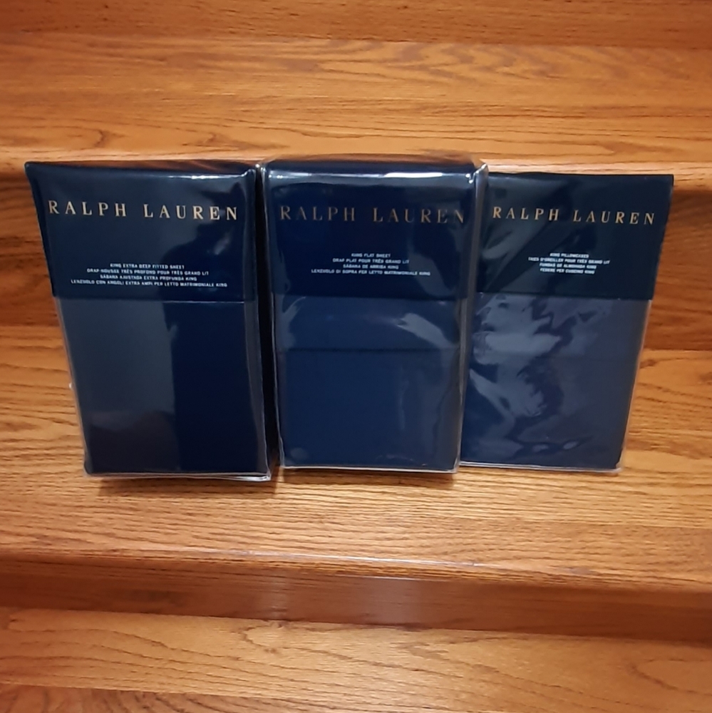 Ralph Lauren KING Solid Sateen RL624 Polo Navy Sheet set MSRP $530